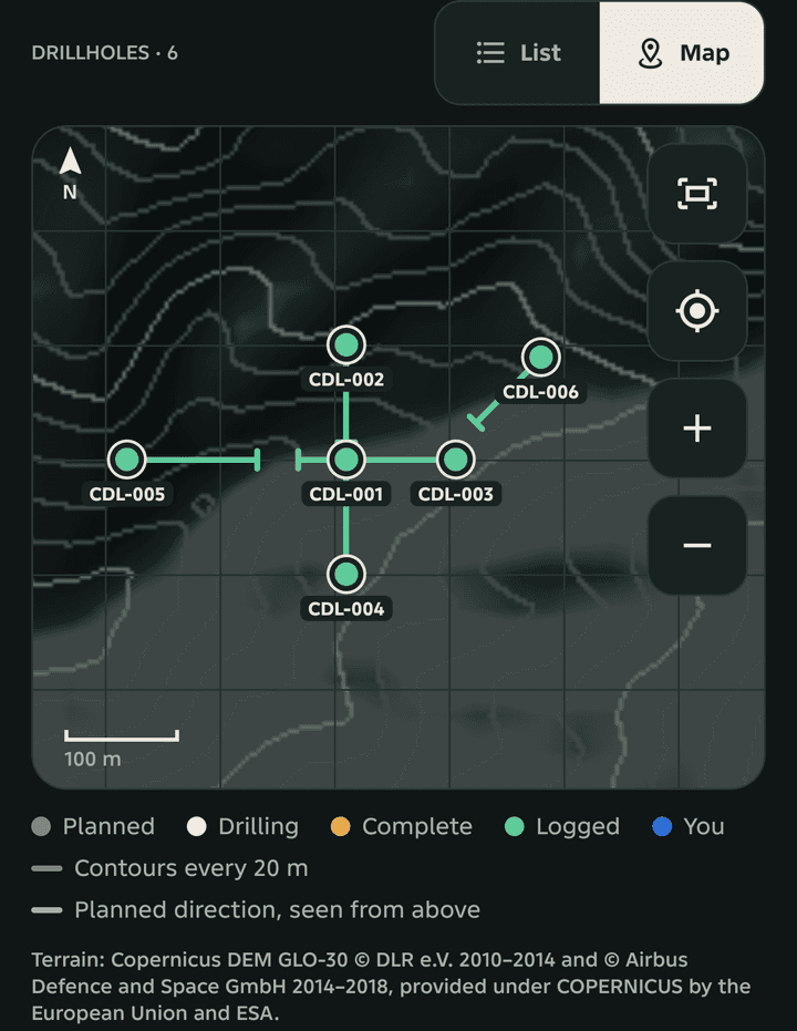 Collar map of six drillholes on terrain contours, with each hole's planned direction.