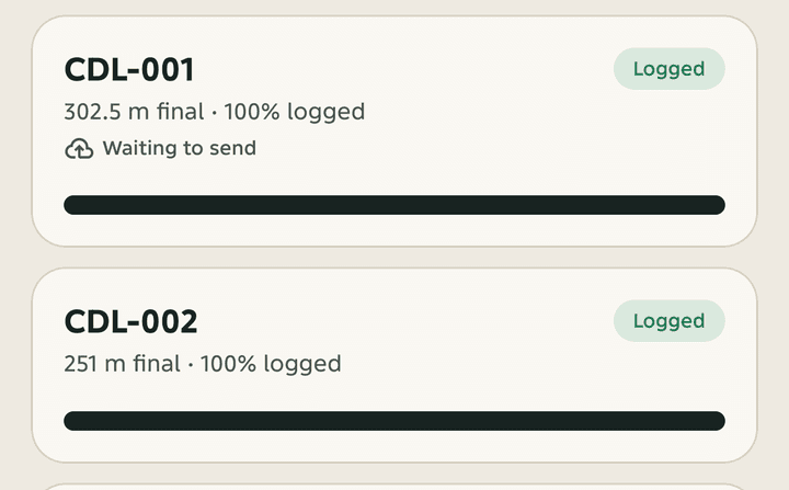 Two drillholes in the project list; CDL-001 is marked Waiting to send.